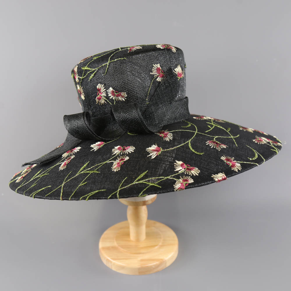 RACHEL TREVOR-MORGAN LONDON - Black floral embroidered occasion hat, with twirl detail and