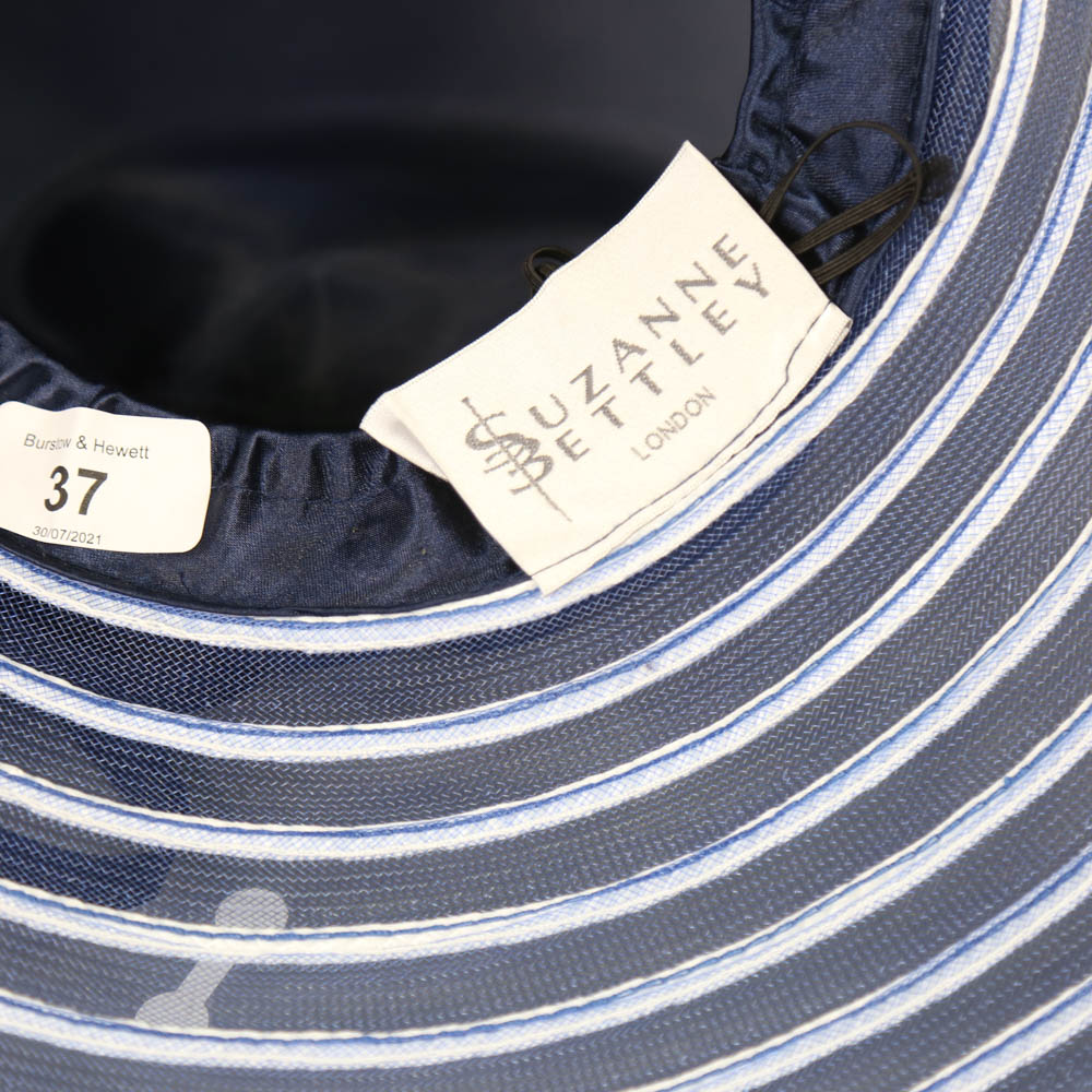 SUZANNE BETTLEY LONDON - Navy blue and white striped occasion hat, with flower and twirl detail, - Image 4 of 6