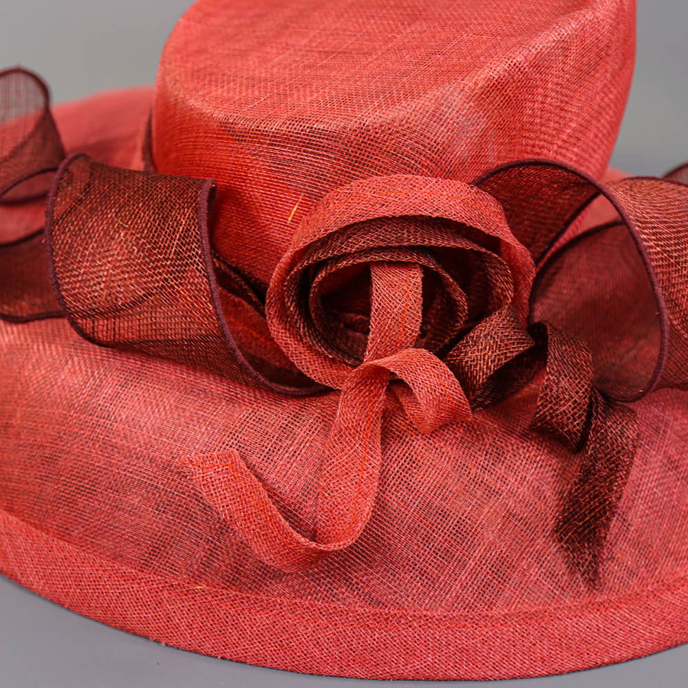 PETER BETTLEY LONDON - Coral pink and burgundy/brown occasion hat, with twirl detail, internal - Image 4 of 7