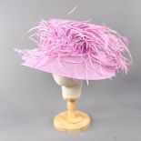 PETER BETTLEY LONDON - Vibrant lilac pink hat, with feather detail, internal circumference 55cm Good
