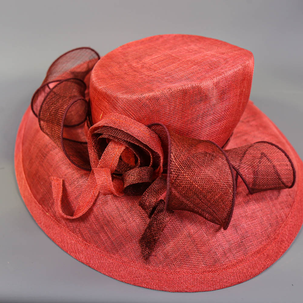 PETER BETTLEY LONDON - Coral pink and burgundy/brown occasion hat, with twirl detail, internal - Image 6 of 7