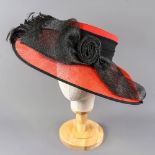 CAPPELLI CONDICI - Red and black occasion hat, with feather detail, internal circumference 55cm,