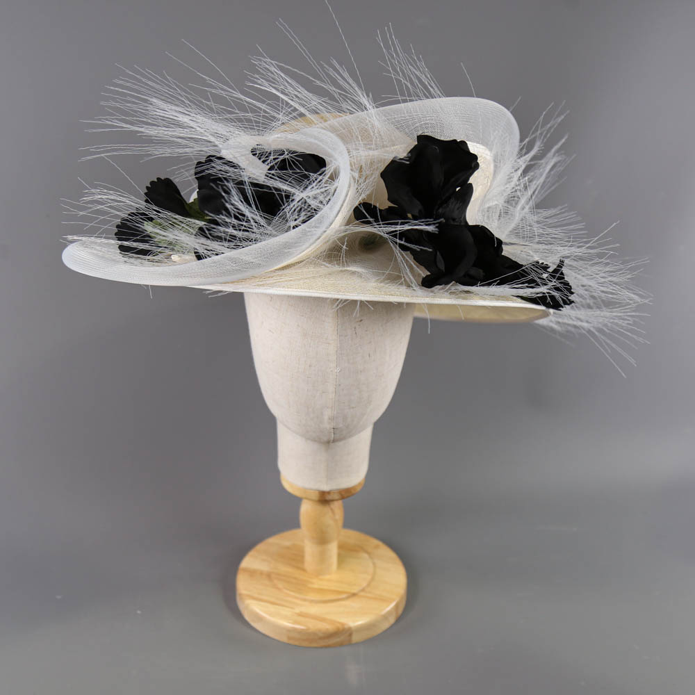 PETER BETTLEY LONDON - Ivory/neutral occasion hat, with black flower and frayed mesh detail, - Image 2 of 7