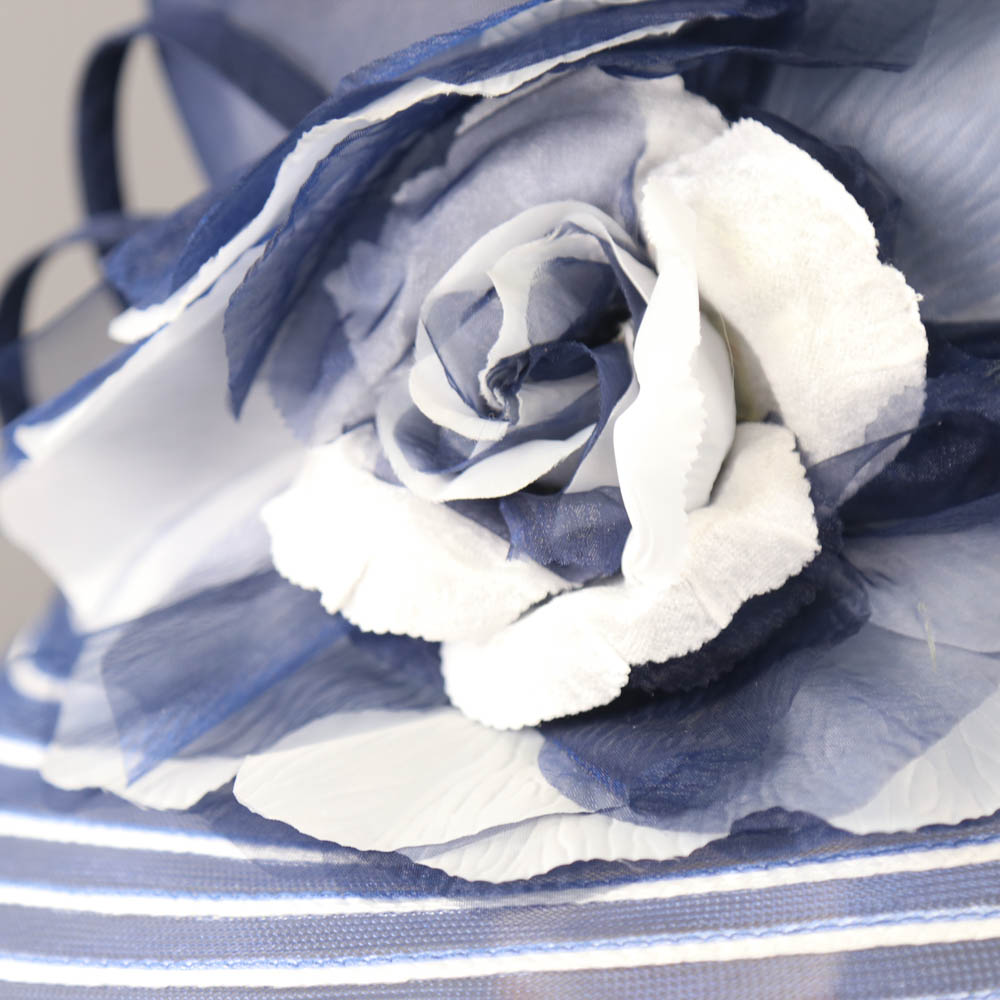 SUZANNE BETTLEY LONDON - Navy blue and white striped occasion hat, with flower and twirl detail, - Image 3 of 6