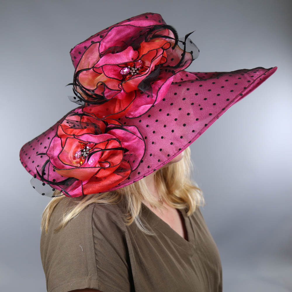 SUZANNE BETTLEY - Fuchsia pink with black polka dot occasion hat, with flower and gemstone and - Image 7 of 8