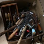 Carpenter's plane, rules, kitchen implements in wire basket, bean slicer etc