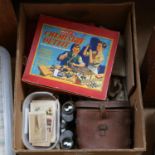 Various military books, epaulettes, wartime postcards, figures, binoculars etc