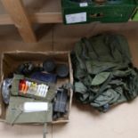 A gas testing set, gas mask canisters and various other equipment -