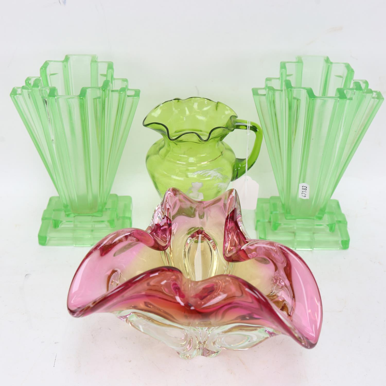 A Mary Gregory green glass jug, height 16cm, a pair of Art Deco vases, and an Art glass dish