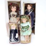 4 porcelain head collectable dolls, tallest 53cm, all boxed