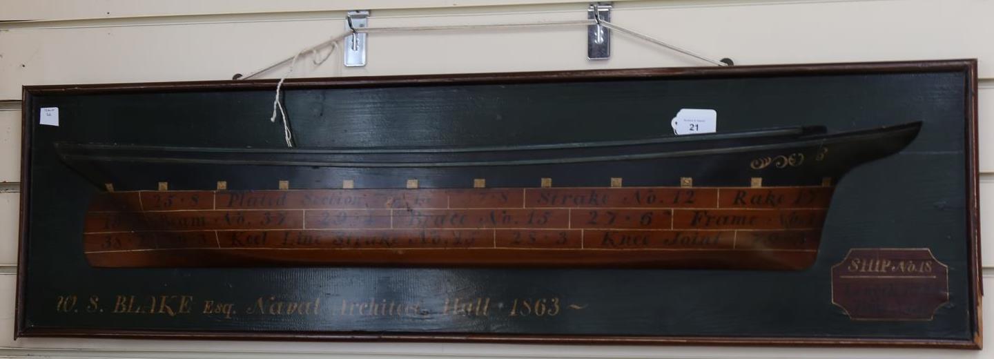 A large reproduction painted wood half hull boat model, marked W S Blake Esq. Naval Architect,