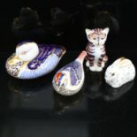 4 Royal Crown Derby porcelain animal figures, including duck, cat and rabbit, all with silver
