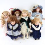 A large boxful of modern dressed dolls, and a teddy bear