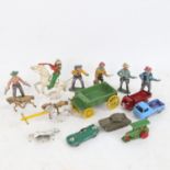 Various painted toy figurines, including Lesney D-type Jaguar, Western cowboys etc