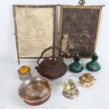 An Oriental cast-iron teapot, signed, a brass-framed concertina mirror with ivorine plaque, a pair