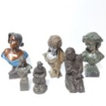4 Art Nouveau style busts of lady's, tallest 25cm, a composition sculpture of a mother and child,