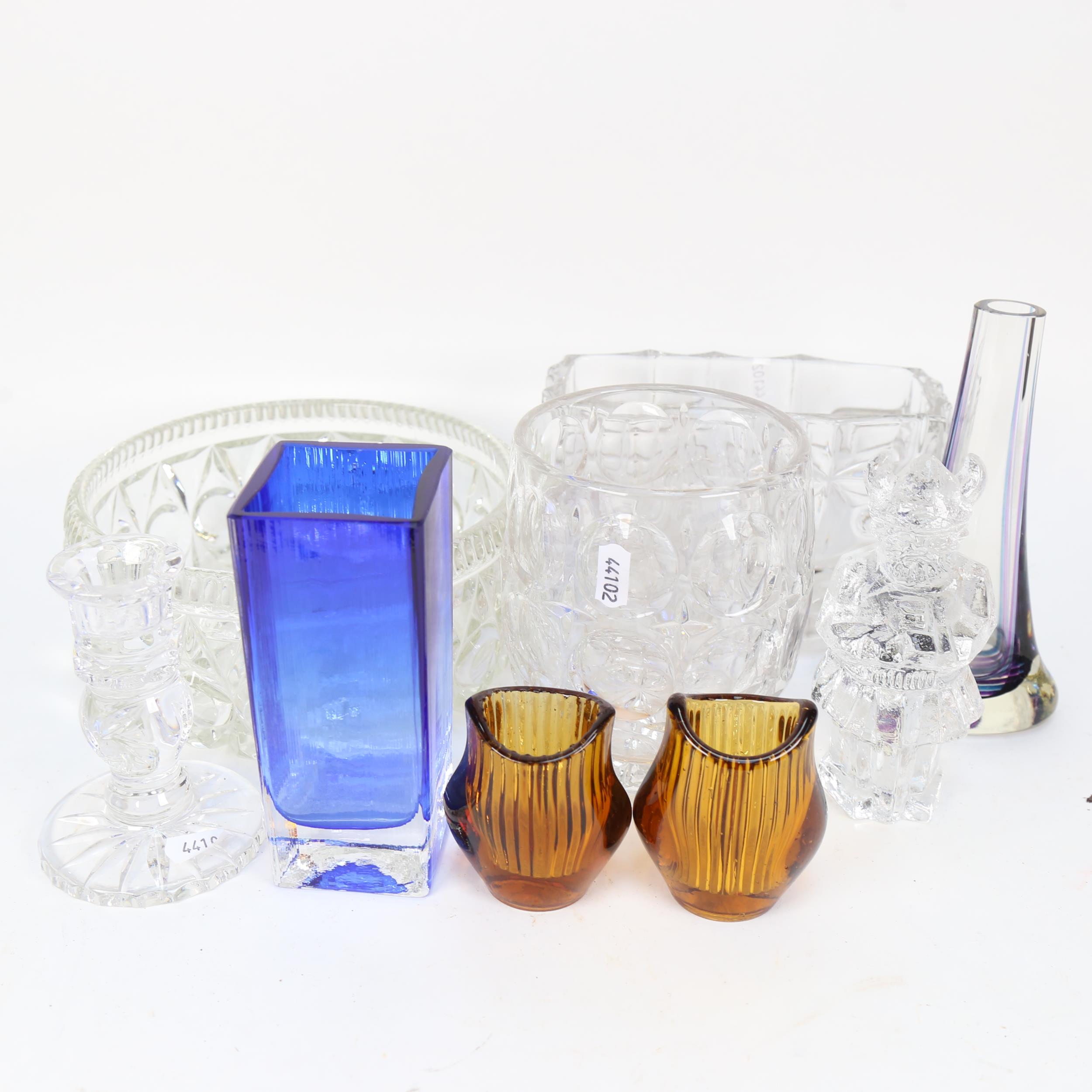 2 SKLO Czechoslovakian glass vases, tallest 14.5cm, a glass Viking, and other glassware