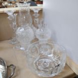 A pair of glass candlesticks, 30.5cm, candle holders with separate shades, cut-crystal bowl etc