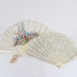 Two vintage breeze fans with lace and silk panels