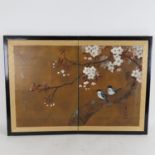 An Oriental watercolour panel table screen, birds and flowers, signed, framed, overall 43cm x 61cm