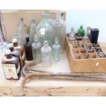 3 walking sticks, empty Whisky bottles, chemist's bottles, tallest 37cm, old milk bottles etc