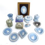 A group of Wedgwood Jasperware items, including a plaque, height 25cm