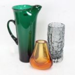 A Whitefriars grey bark vase, 19cm, a Whitefriars green water jug, and an Art glass vase