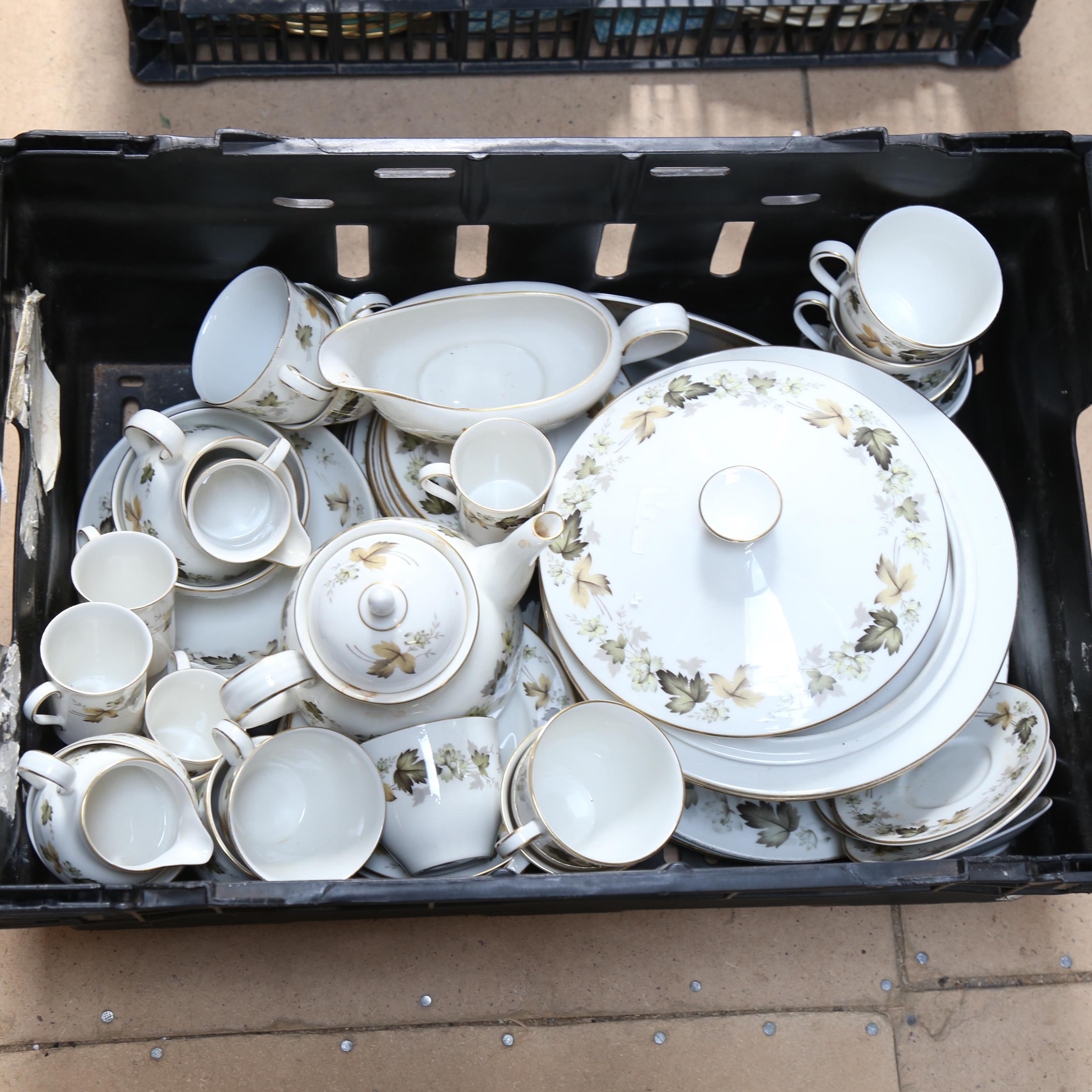 2 boxfuls of china, including Doulton Larchmont, Spode Royal Jasmine, and Crown Ducal dinner service