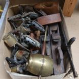 Brass blow lamps, carpenter's woodworking planes, and other tools