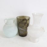 2 Roman style frosted glass vases, and a Chinese design silver overlaid smoky glass vase, largest