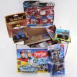 Various toy figures and vehicles, including Captain Scarlet Spectrum Pursuit vehicle, Hot Wheels