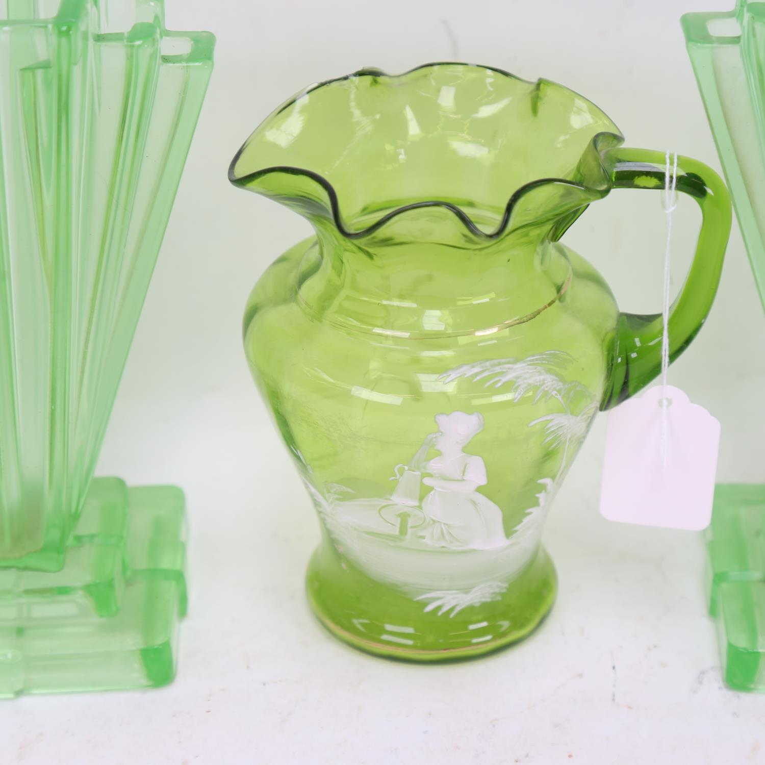 A Mary Gregory green glass jug, height 16cm, a pair of Art Deco vases, and an Art glass dish - Image 2 of 2