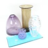 An amethyst Art glass vase, 21cm, 2 others, a cut-crystal vase, and a glass dish