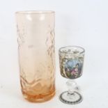 A reproduction Georgian style transfer decorated goblet, and an amber glass cylinder vase with