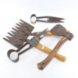 Ascot Steampunk hedge clippers, 2 pairs of sheep shears, and a hand axe by W Stroud, length 35cm