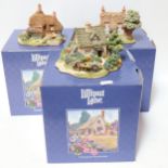 3 Lilliput Lane cottages - Cherry Blossom cottage, Cruck End, and Gertrude's Garden, boxed