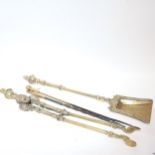 A group of Vintage brass fire tools, including a pair of tongs, length 71cm