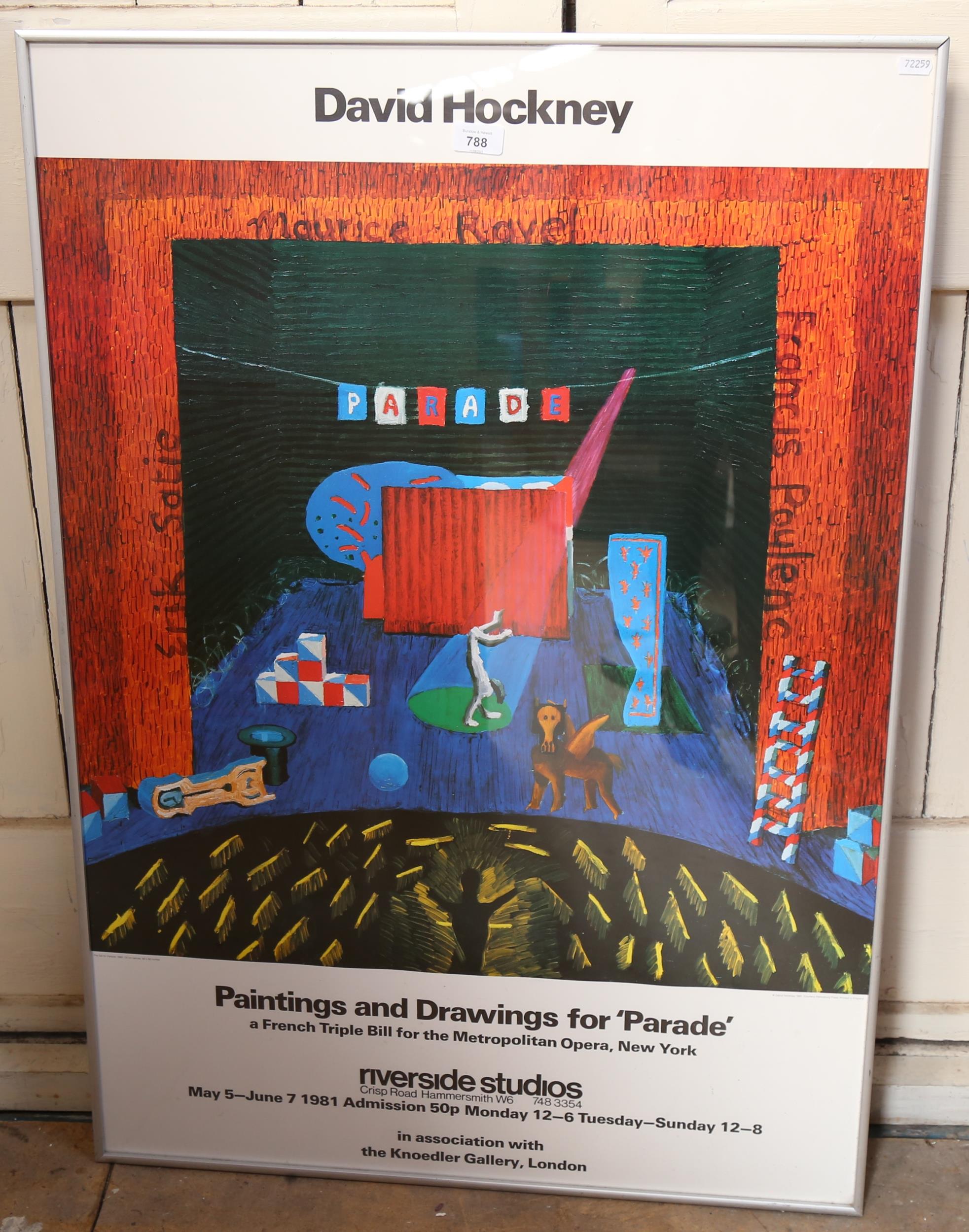 A framed David Hockney poster, "paintings and drawings for parade", Riverside Studios London, height