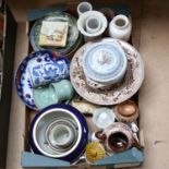 Various ceramics, including Royal Doulton, a small Lambeth jardiniere, celadon tea cup and saucer