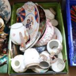 Various Oriental ceramics, including Imari style chargers, tin-glaze plate, tea sets etc (boxful)