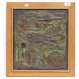 S Mohdir, relief embossed copper panel, Ikan Goring, signed and dated '72, 42cm x 37cm, framed