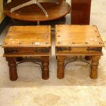A pair of sheesham square lamp tables, with studded wrought-iron decoration