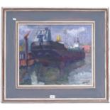 Oil on canvas, docked fishing boats, indistinctly signed, dated '87, 57cm x 47cm, framed