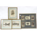 A set of 6 monochrome etchings, studies of Rye, mounted in single frame, and Arthur Spence, 3 framed