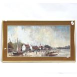 Ira Englefield, mid-20th century oil on canvas, village dock, signed and dated 1976, 40cm x 80cm,