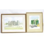 2 watercolours - David Crew, topiary, 16.5" x 12.5", and M Savage, Bodiam Castle, 15" x 22",