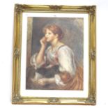 A large ornate gilt frame, with coloured print of seated girl, overall 90cm x 75cm
