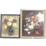 2 still life oils on canvas, floral studies, both indistinctly signed, largest 60cm x 50cm, both