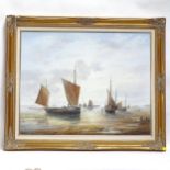 Bill Haines, oil on canvas, fishing boats at the shore, signed, 60cm x 75cm, framed
