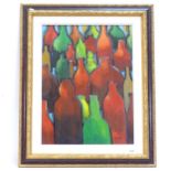 Carol Maddison, contemporary oil on canvas, modernist study of bottles, signed, 62cm x 47cm, framed